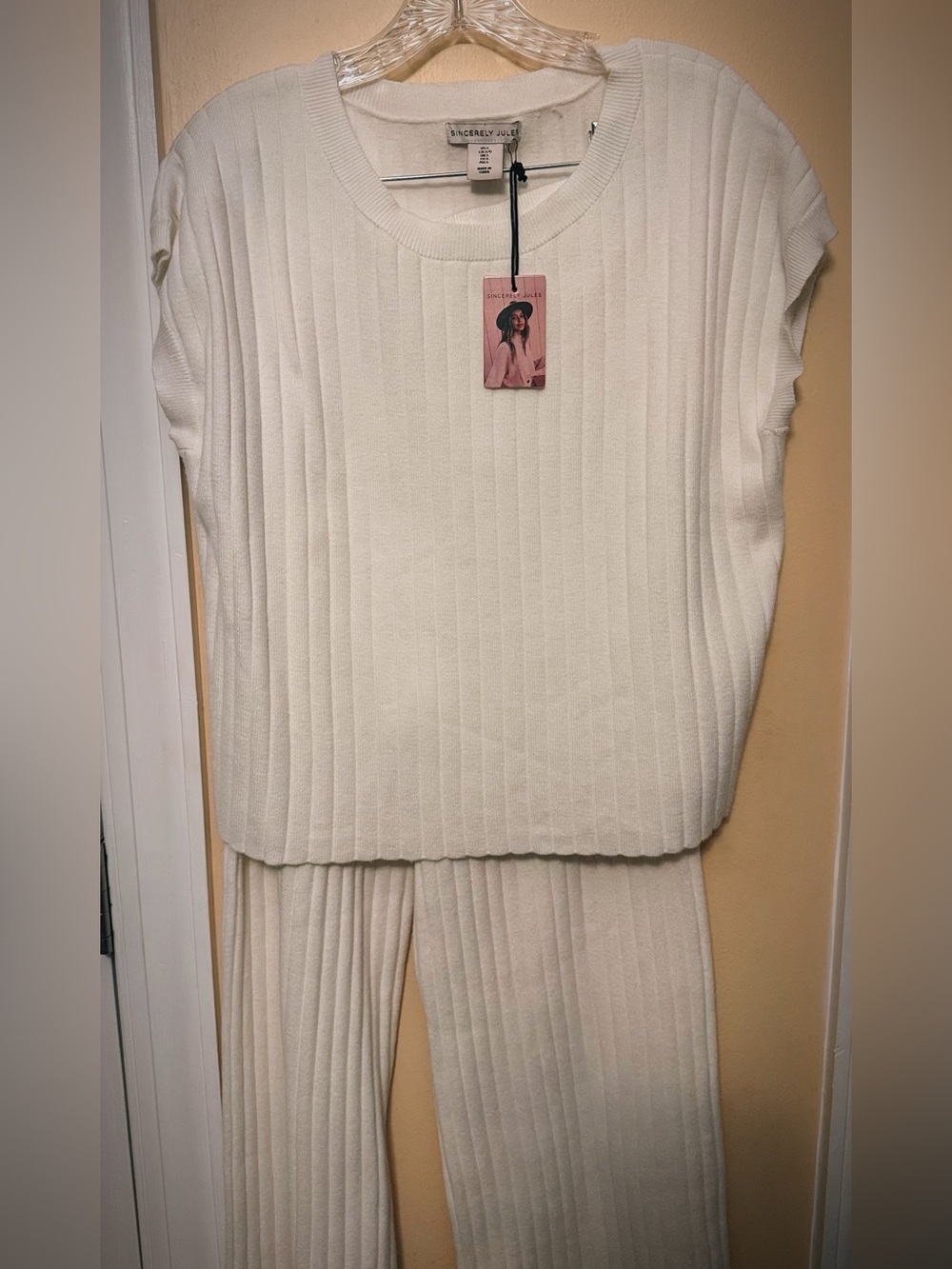 Sincerely Jules Cream Rib-Knit Wide Leg Pants & Top Set